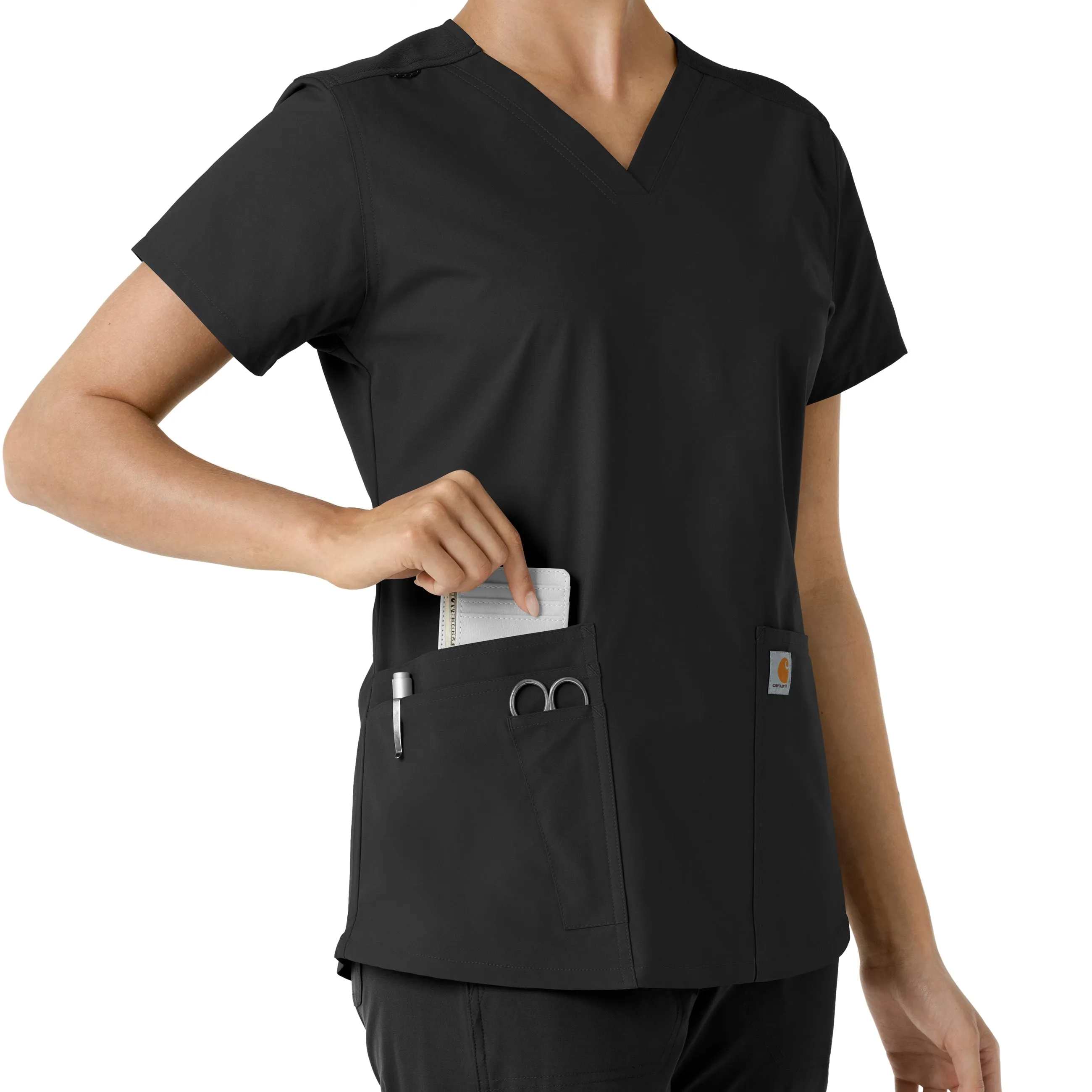 Force Essentials C12313 V-Neck Knit Panel Scrub Top Black