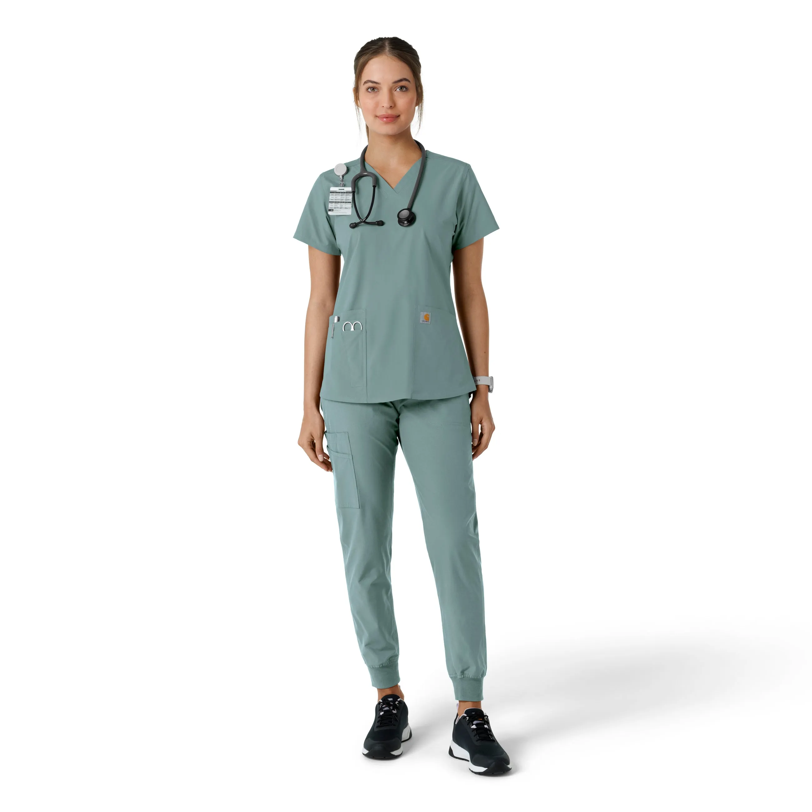 Force Essentials C12313 V-Neck Knit Panel Scrub Top Summer Blue