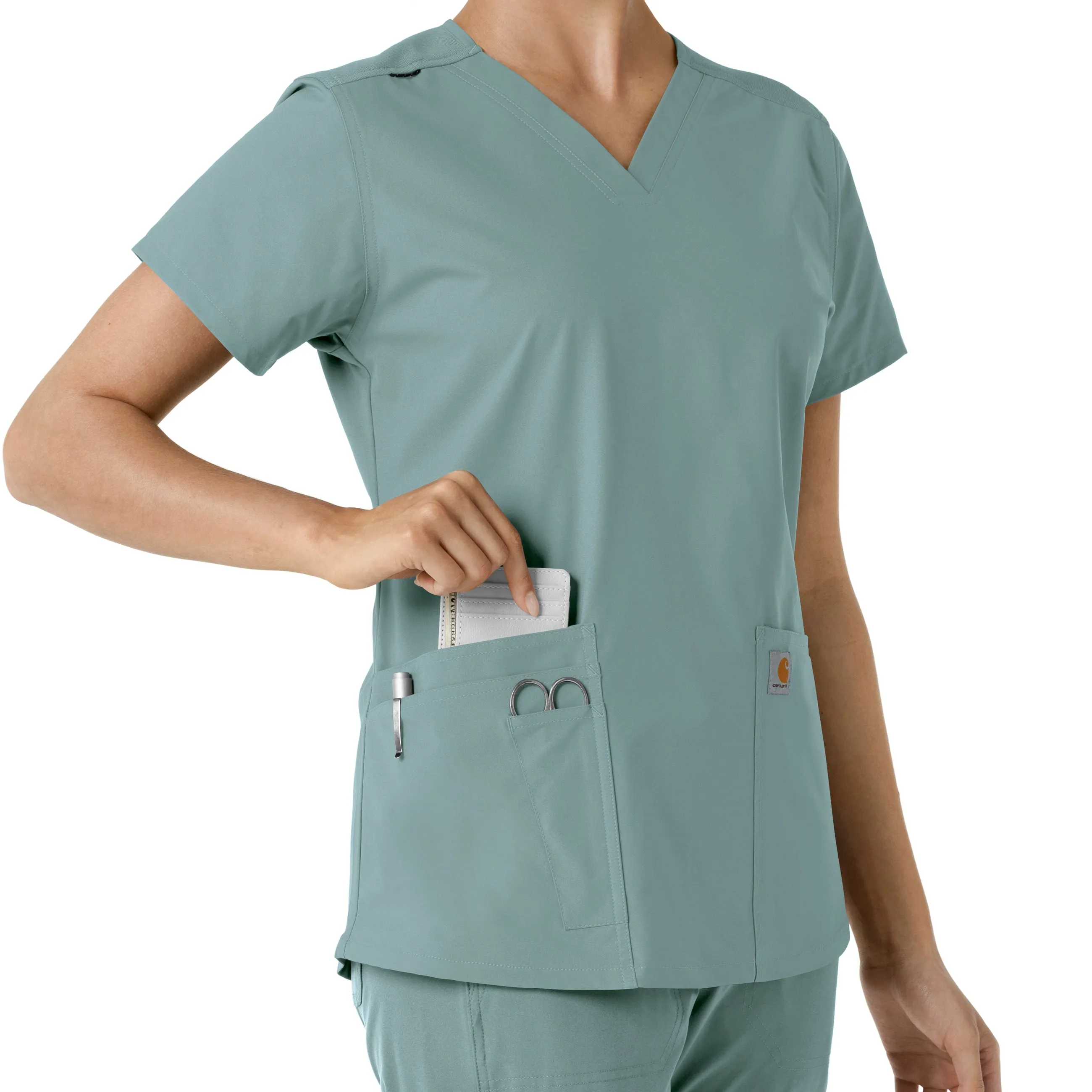 Force Essentials C12313 V-Neck Knit Panel Scrub Top Summer Blue