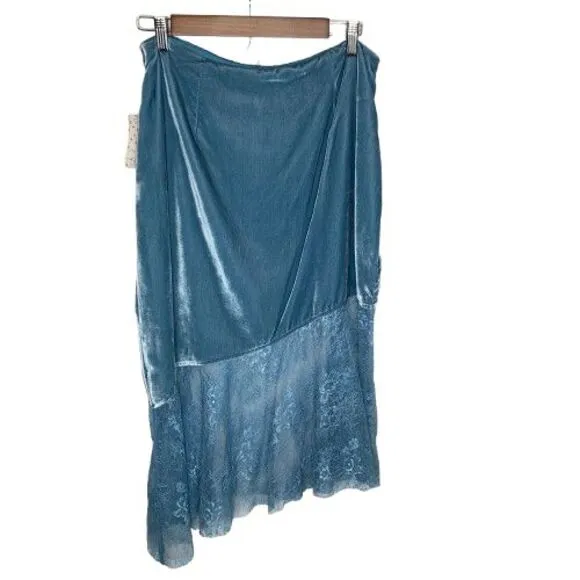Free People Women Velvet Lace Midi Skirt Sz 10 Blue Fairy Coquette Feminine Boho