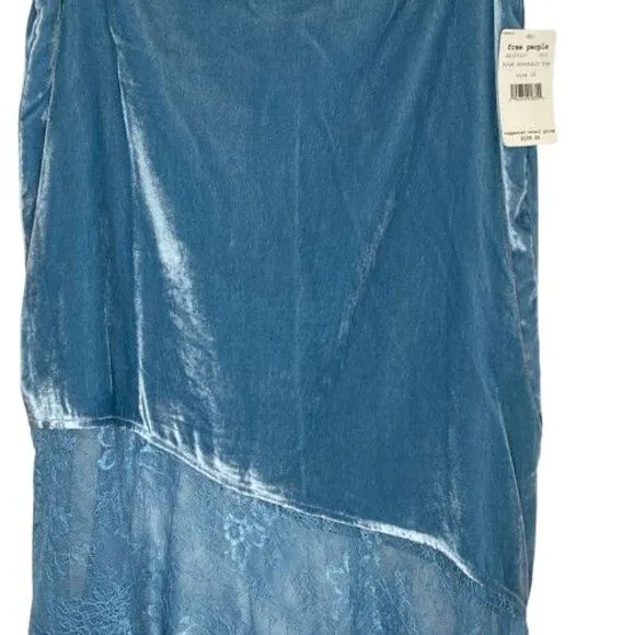 Free People Women Velvet Lace Midi Skirt Sz 10 Blue Fairy Coquette Feminine Boho