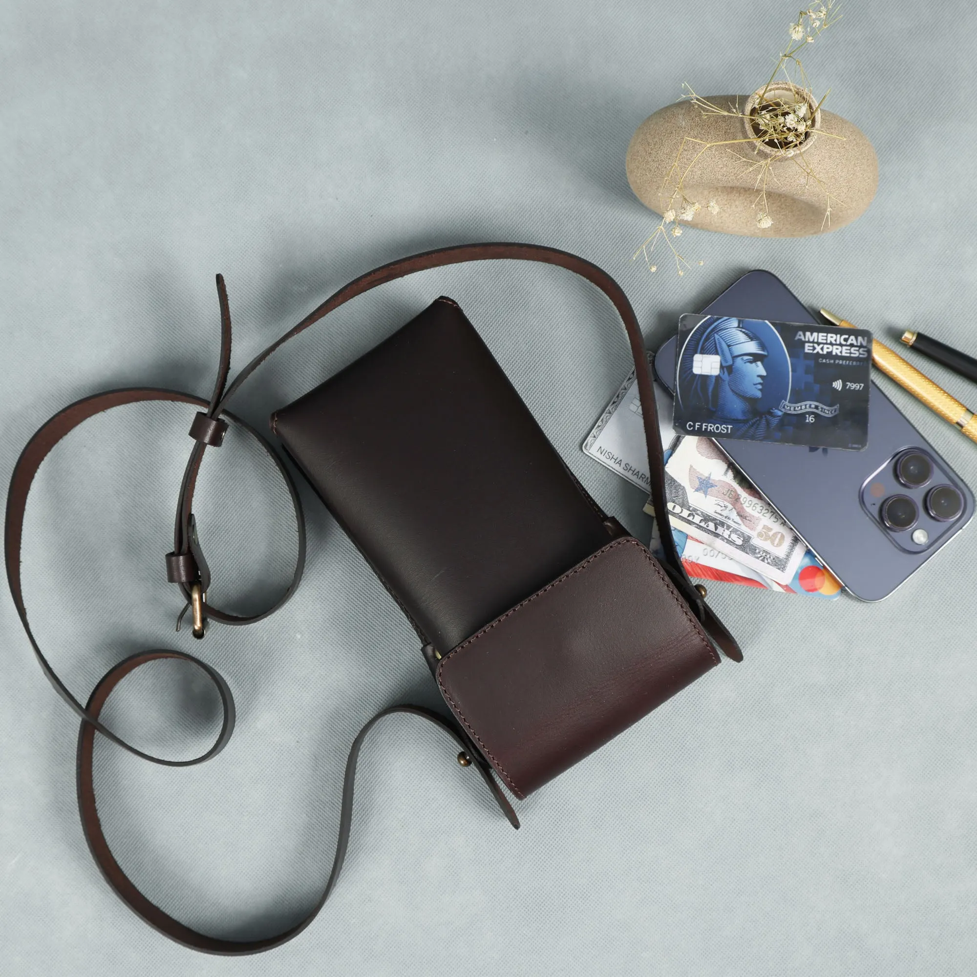 Genuine Leather Mobile Pouch with Fixed Sling – Hands-Free, Stylish & Durable. LA-1427