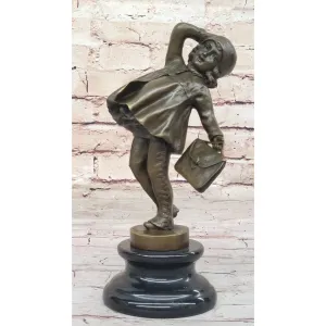 Girl Child Going to School W/Book Bag Bronze Sculpture On Marble