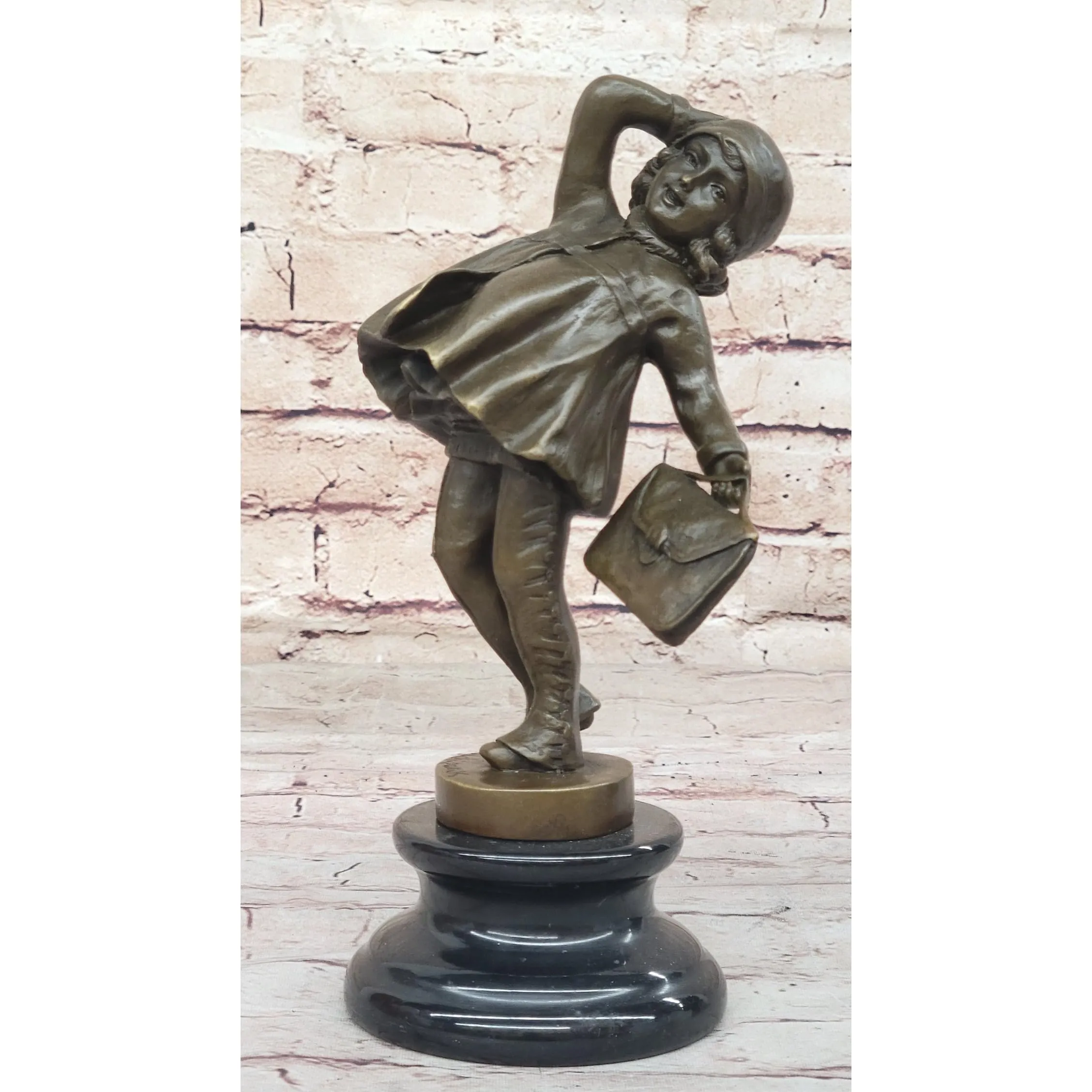 Girl Child Going to School W/Book Bag Bronze Sculpture On Marble