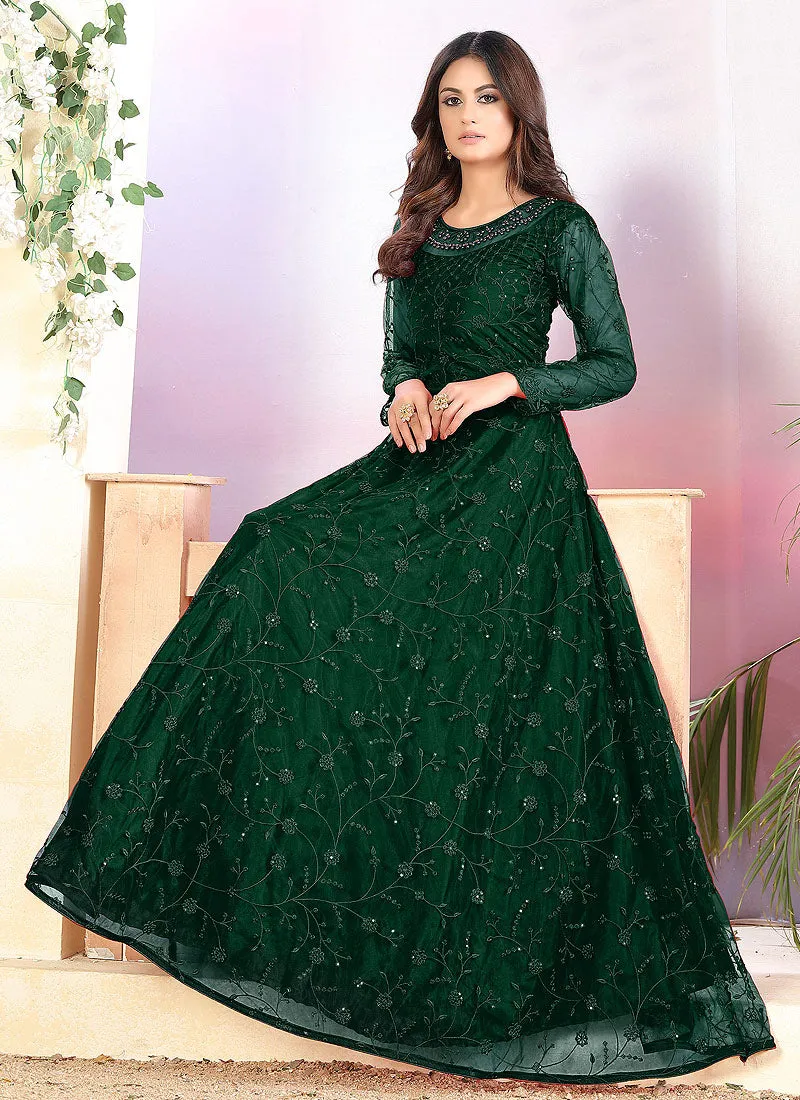 Green Embroidered Net Anarkali Suit