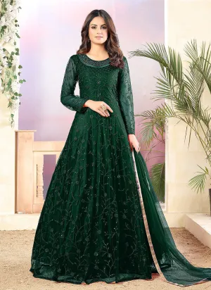 Green Embroidered Net Anarkali Suit