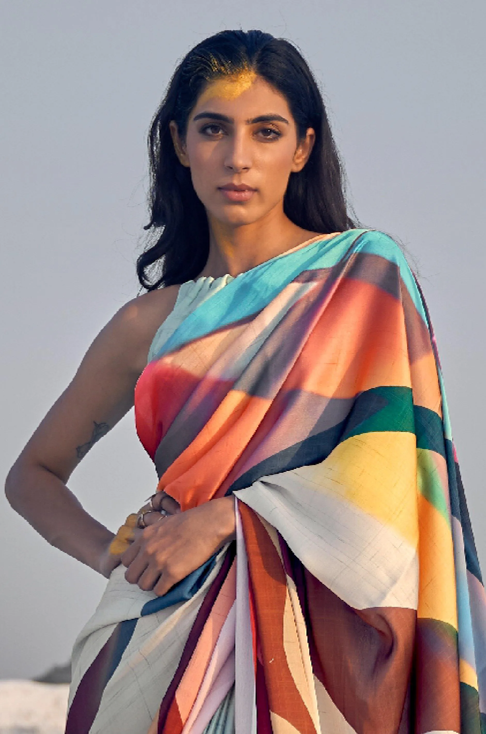 Grey Multicolour Digital Print Satin Silk Saree