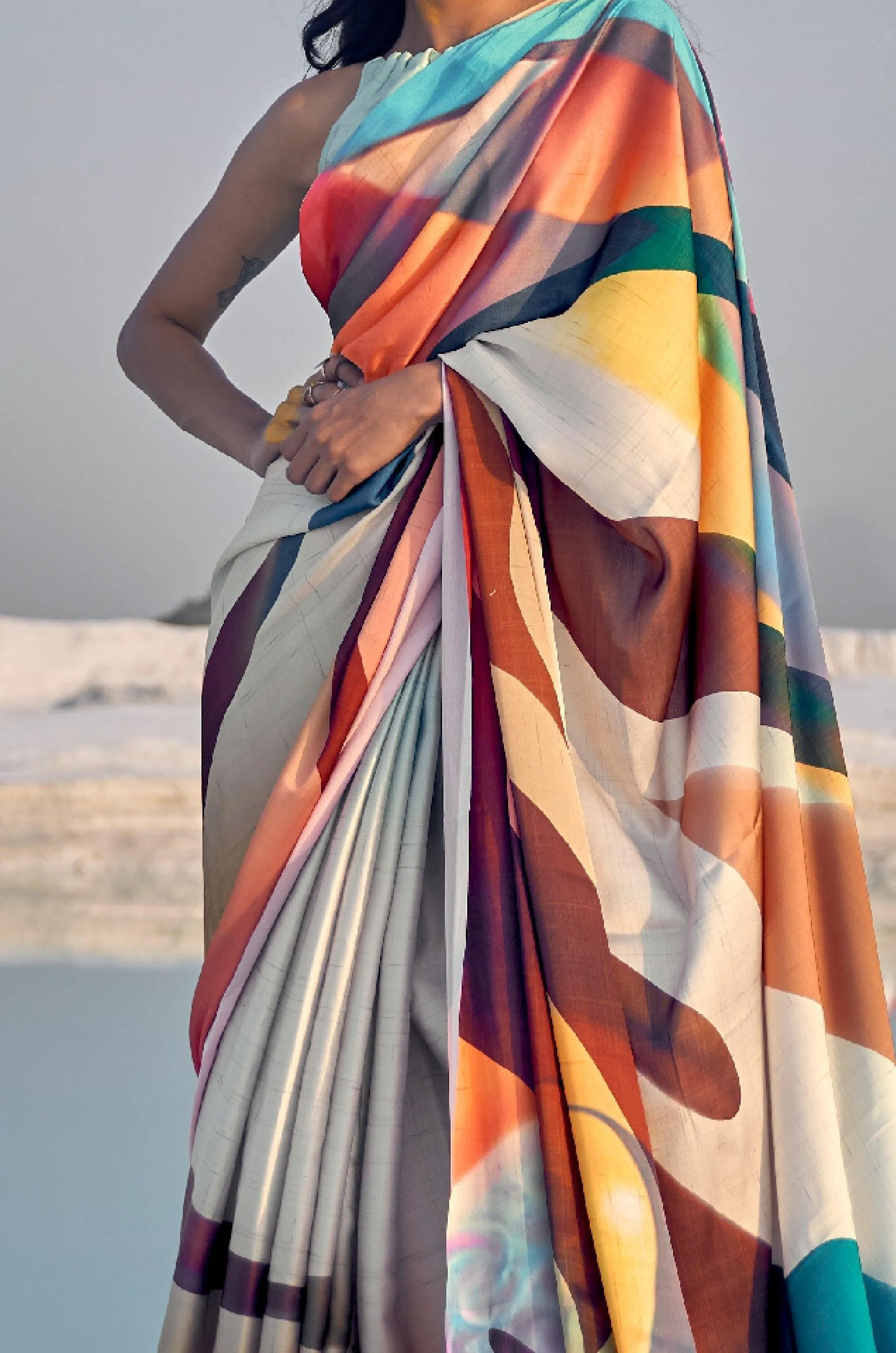 Grey Multicolour Digital Print Satin Silk Saree