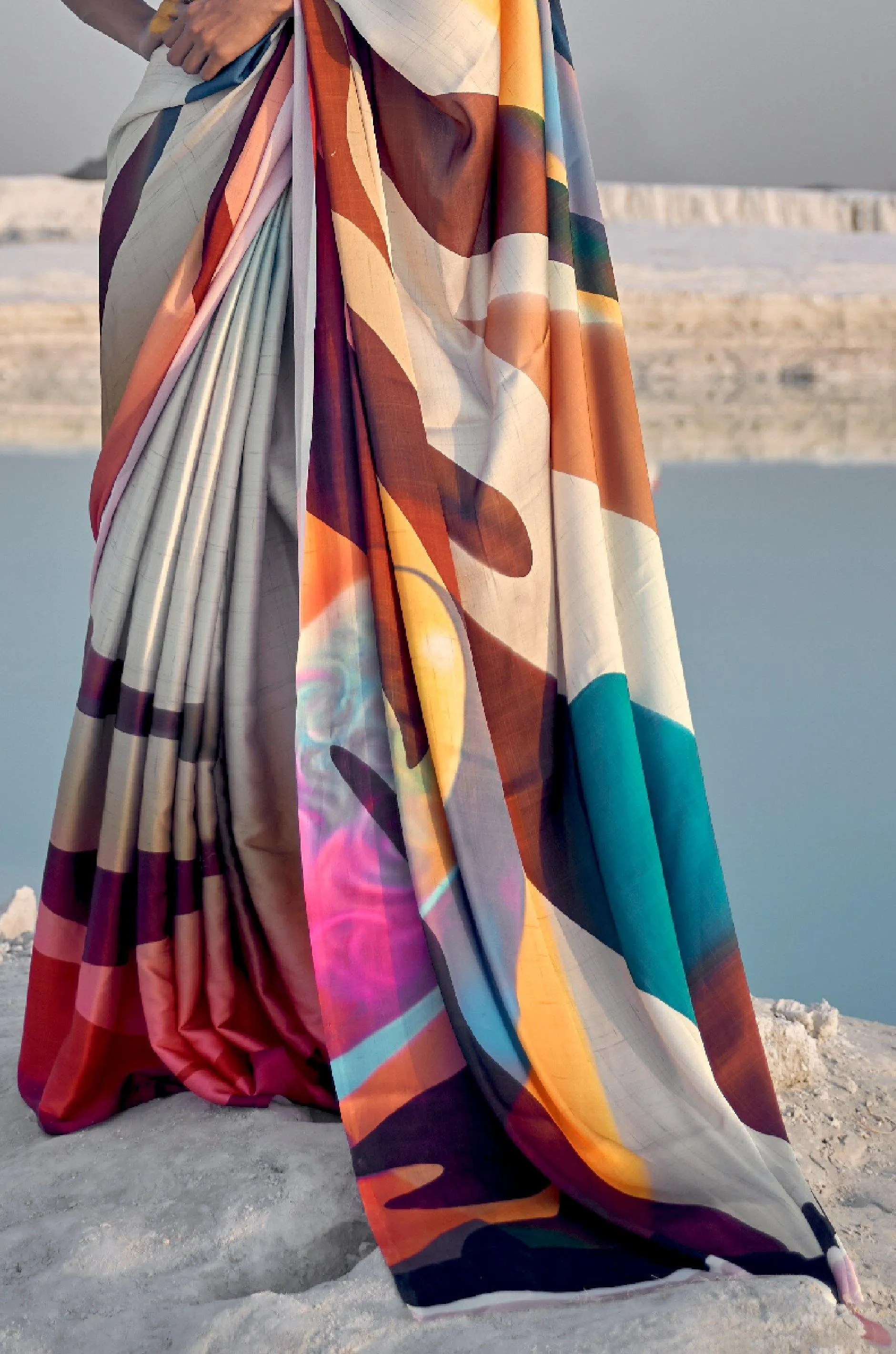 Grey Multicolour Digital Print Satin Silk Saree