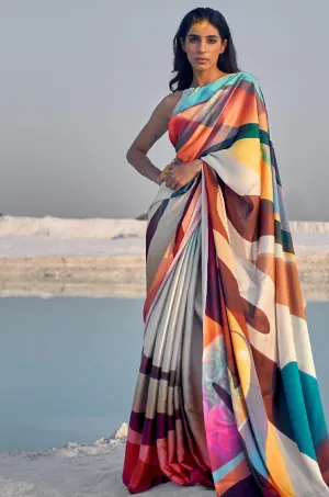 Grey Multicolour Digital Print Satin Silk Saree