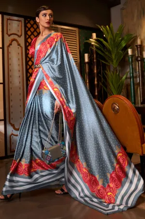 Grey Satin Crepe Saree