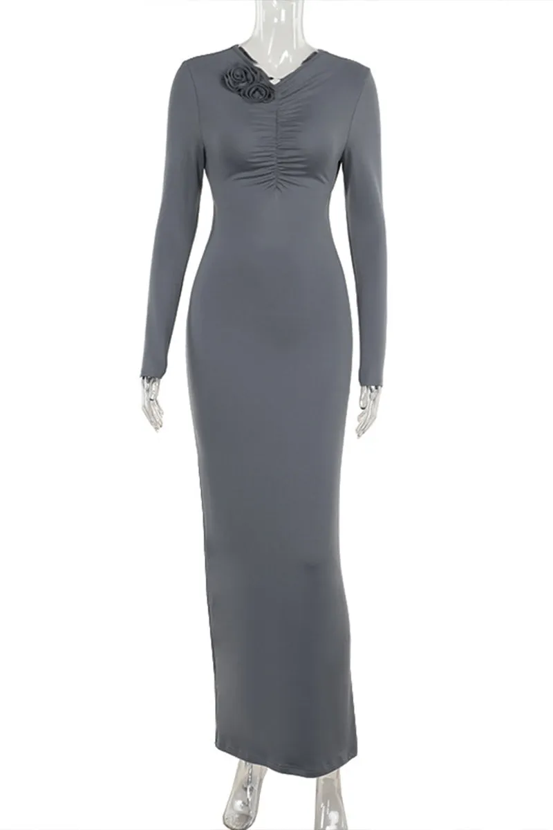 HBS1255 Elegant Ruched Long-Sleeve Maxi Dress