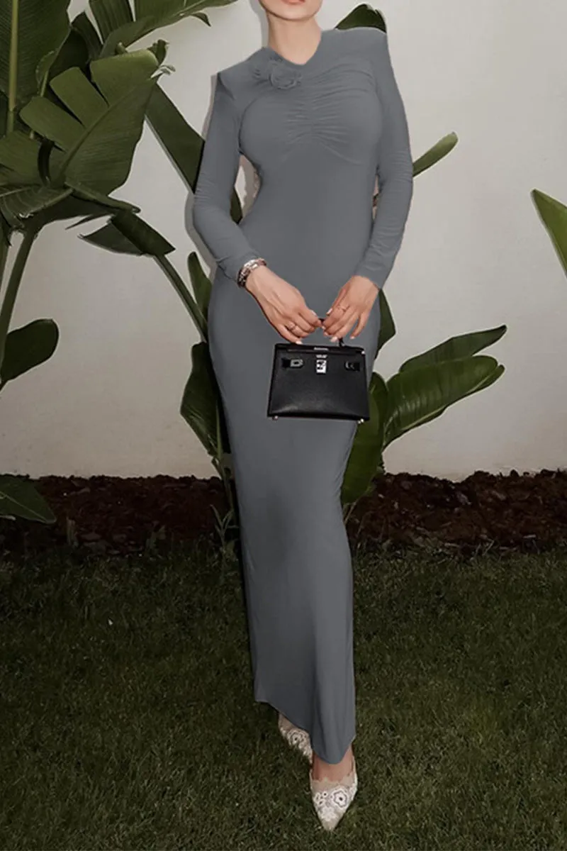 HBS1255 Elegant Ruched Long-Sleeve Maxi Dress