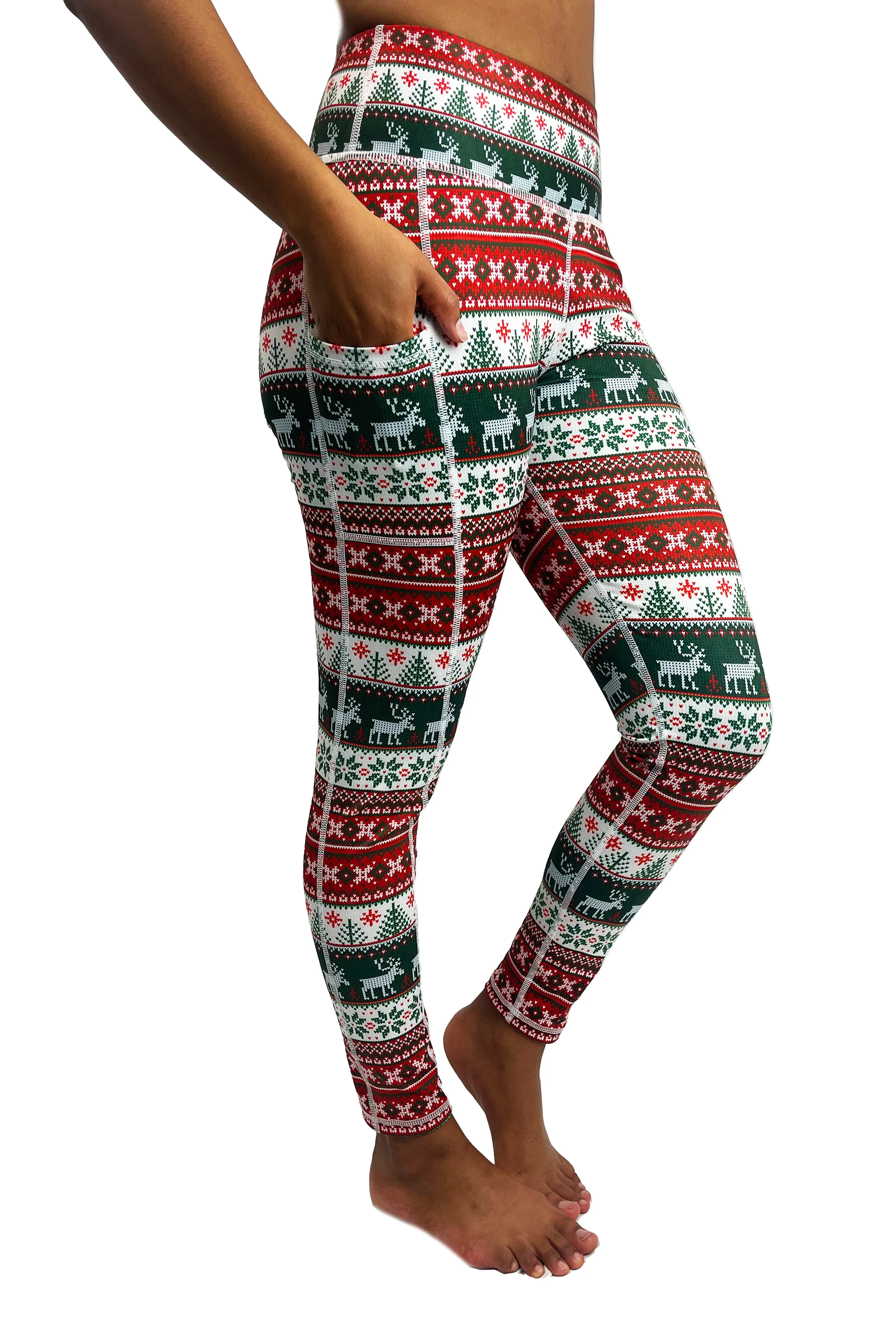HC -Holiday Sweater Pattern Cell Phone Pocket Legging / Green & Red - FINAL SALE