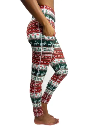 HC -Holiday Sweater Pattern Cell Phone Pocket Legging / Green & Red - FINAL SALE