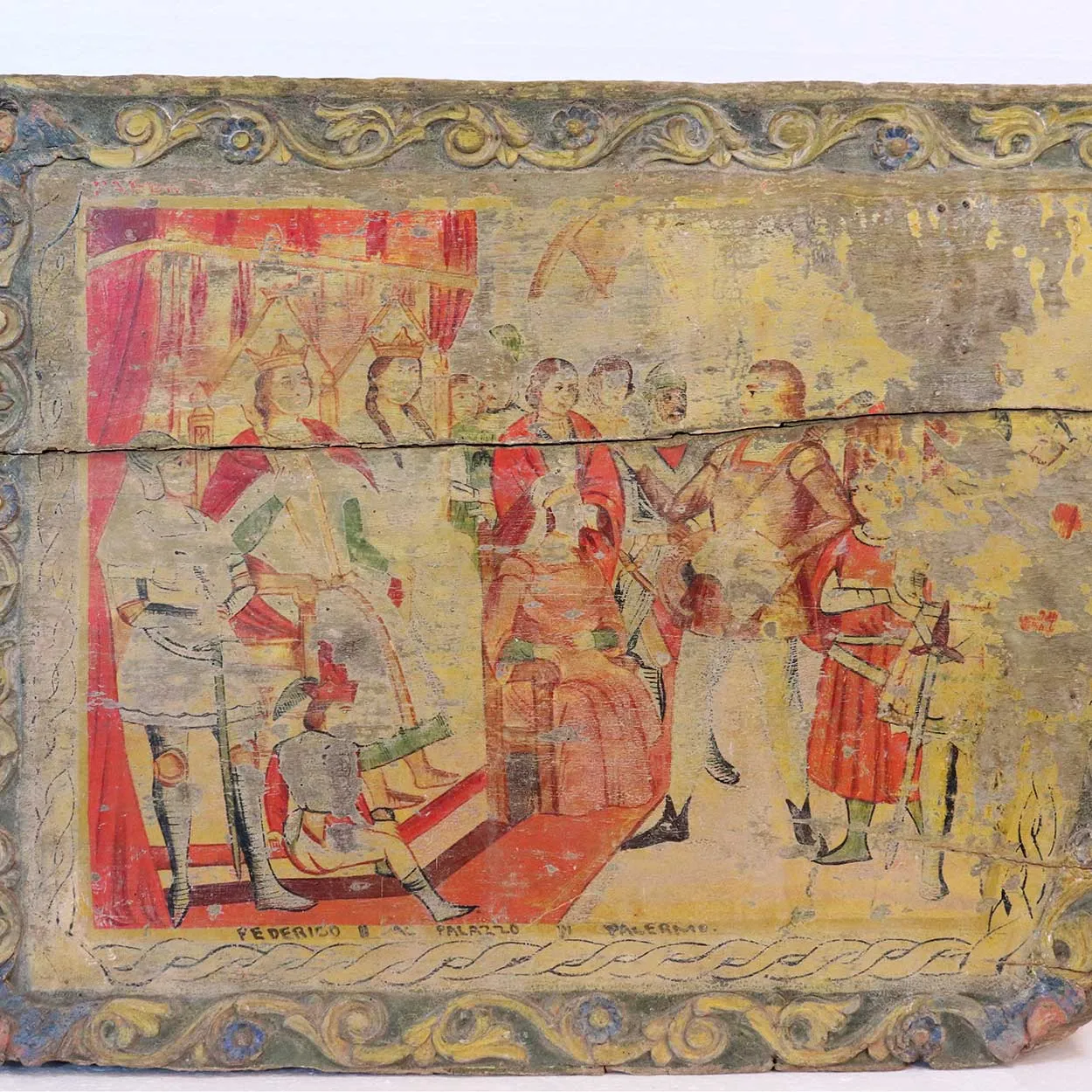 Italian Sicilian Folk Art Painted Wood Wheeled Cart Panel
