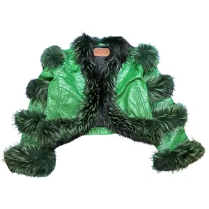 Kashani Women's Green Embossed Alligator Fox Fur Cropped Jacket