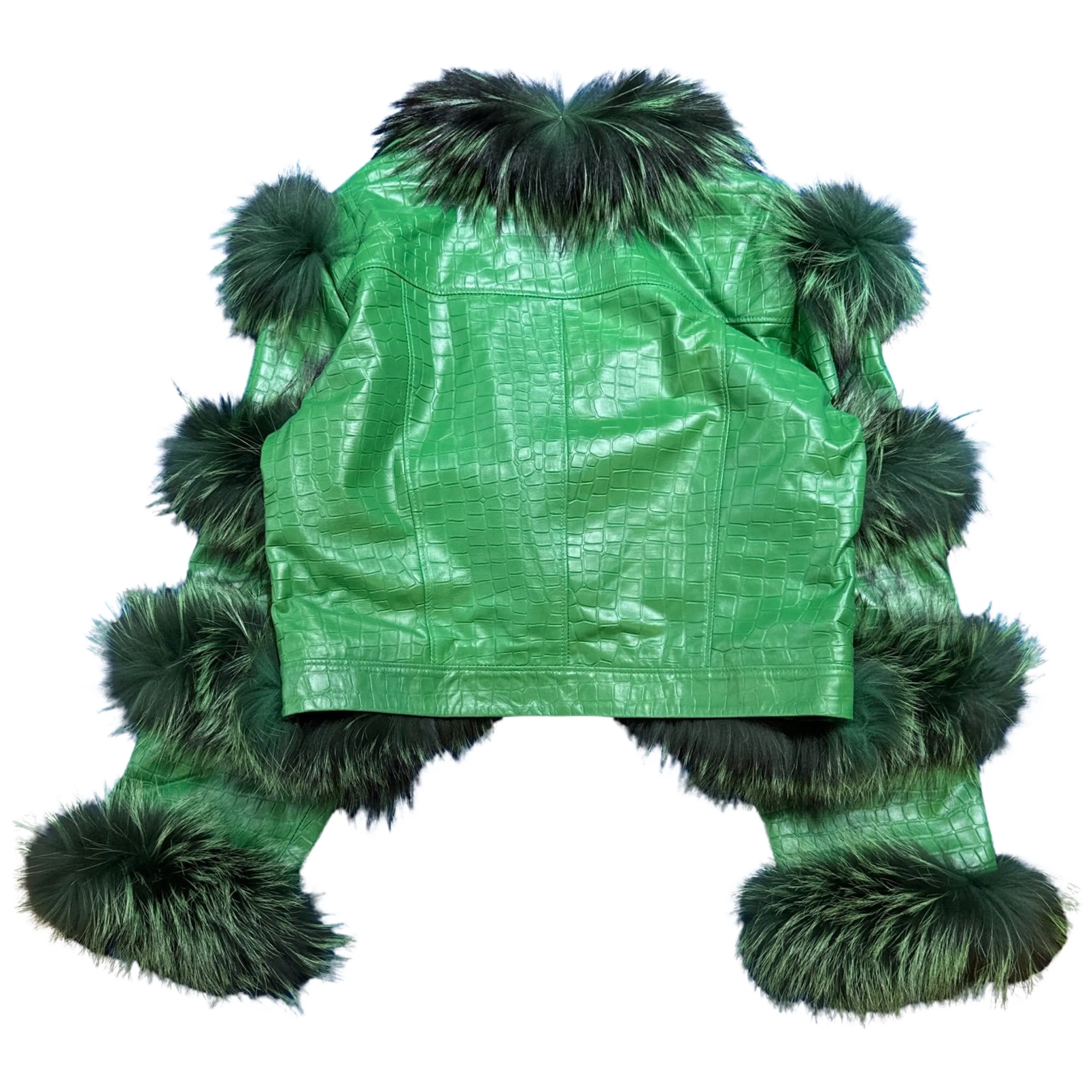 Kashani Women's Green Embossed Alligator Fox Fur Cropped Jacket
