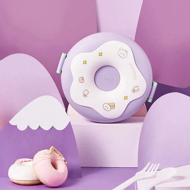 Kawaii Donut Cartoon Lunch Box 🍩✨ - Leakproof Bento Box for Kids | 3-Compartment Snack Container with Fork & Spoon 🥄🥗 | Perfect for School & Picnics!