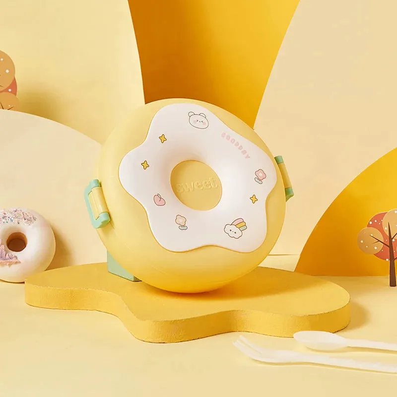 Kawaii Donut Cartoon Lunch Box 🍩✨ - Leakproof Bento Box for Kids | 3-Compartment Snack Container with Fork & Spoon 🥄🥗 | Perfect for School & Picnics!