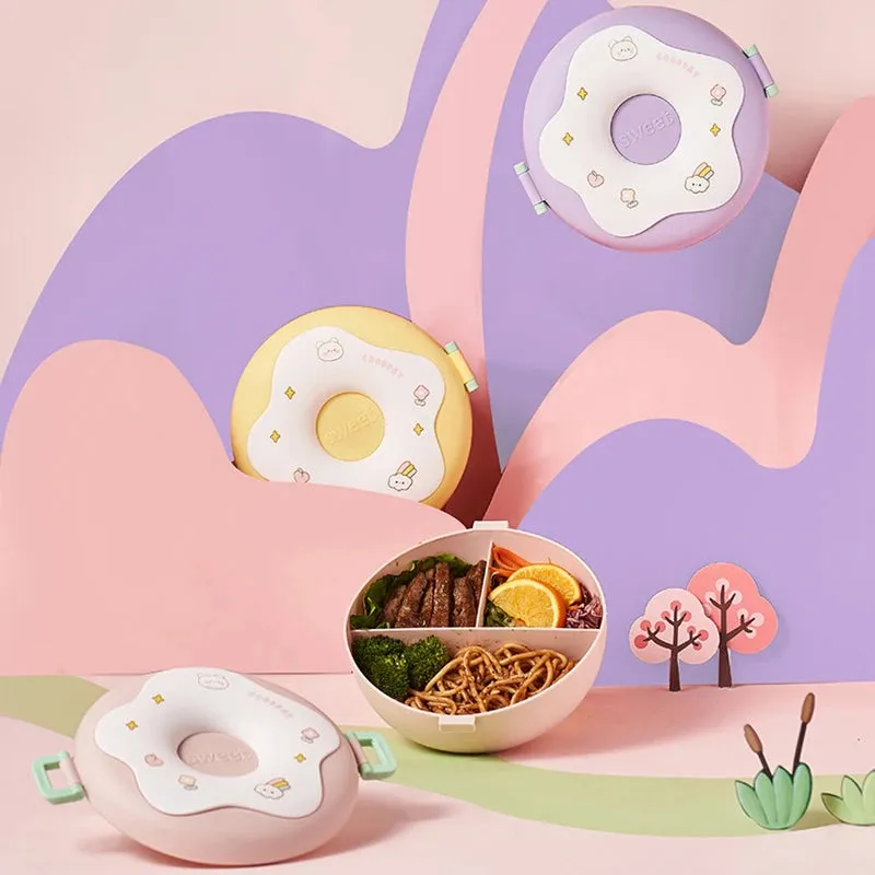 Kawaii Donut Cartoon Lunch Box 🍩✨ - Leakproof Bento Box for Kids | 3-Compartment Snack Container with Fork & Spoon 🥄🥗 | Perfect for School & Picnics!