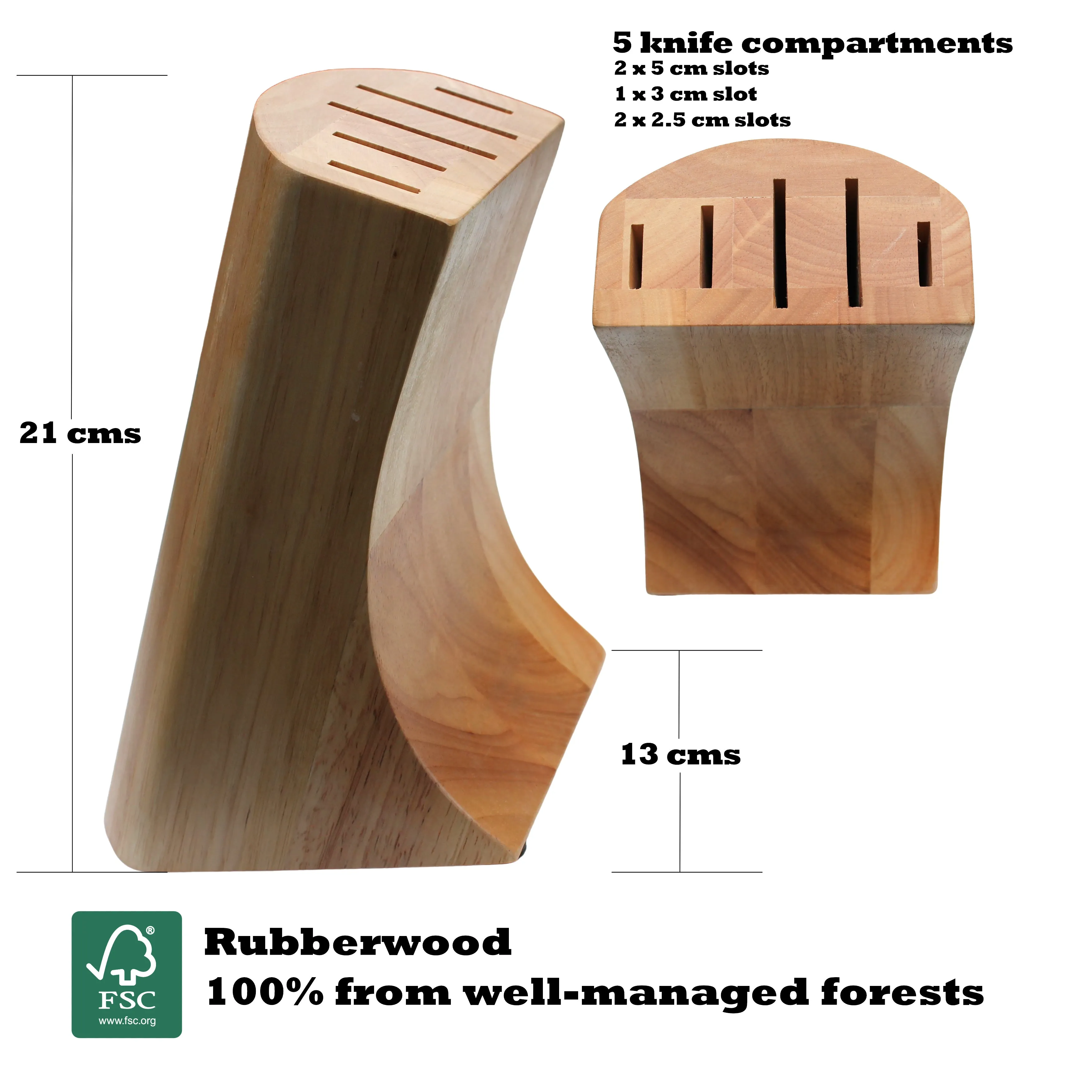 Knife Block in Rubberwood with 5 Compartments (Block only - No Knives)