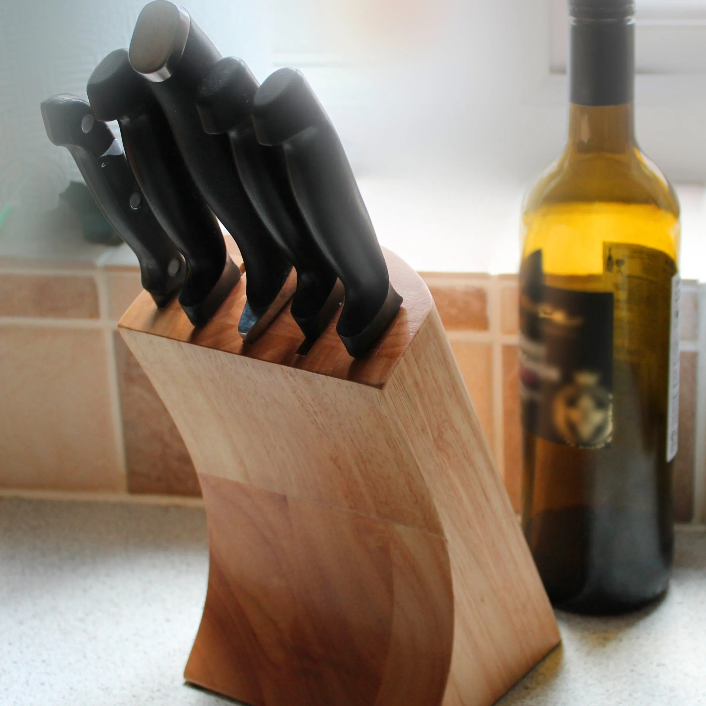 Knife Block in Rubberwood with 5 Compartments (Block only - No Knives)