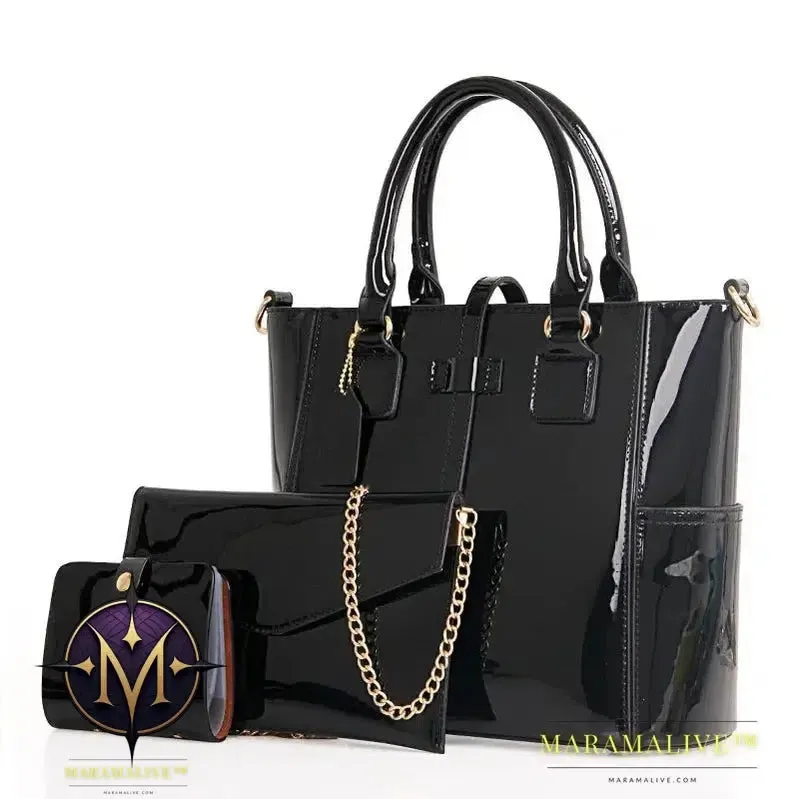 Ladies Bag Three-Piece Set Mother Bag PU Fashion Women's Handbag Shoulder Women Bag Bright Leather Card Bags New