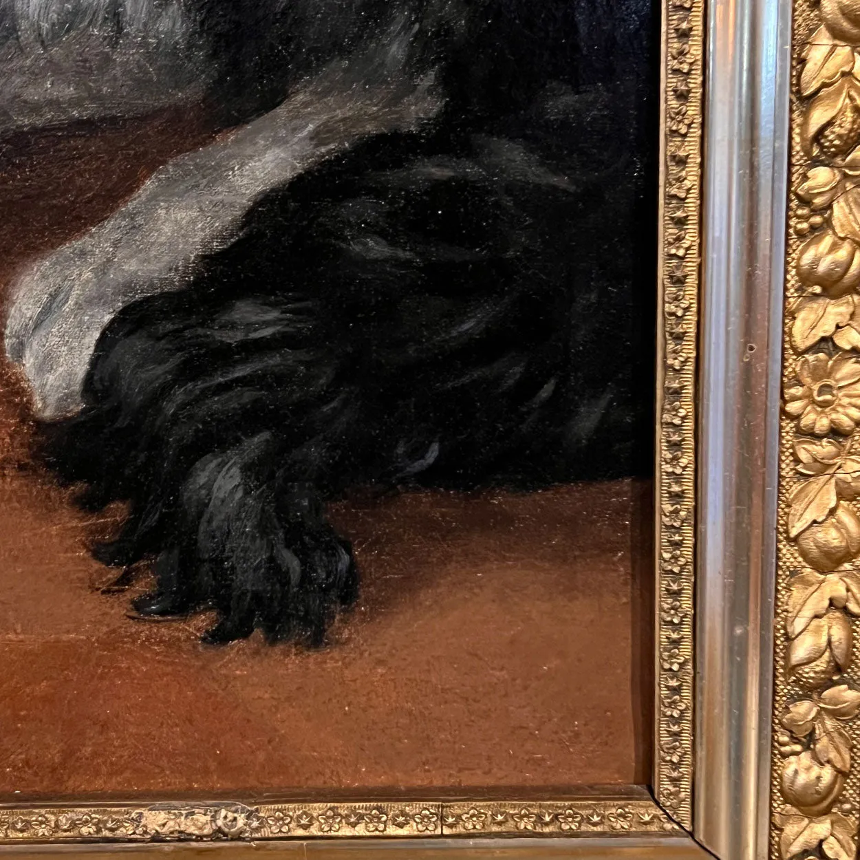 Large English School Oil on Canvas Painting, Interior with a Boy and Dog Playing