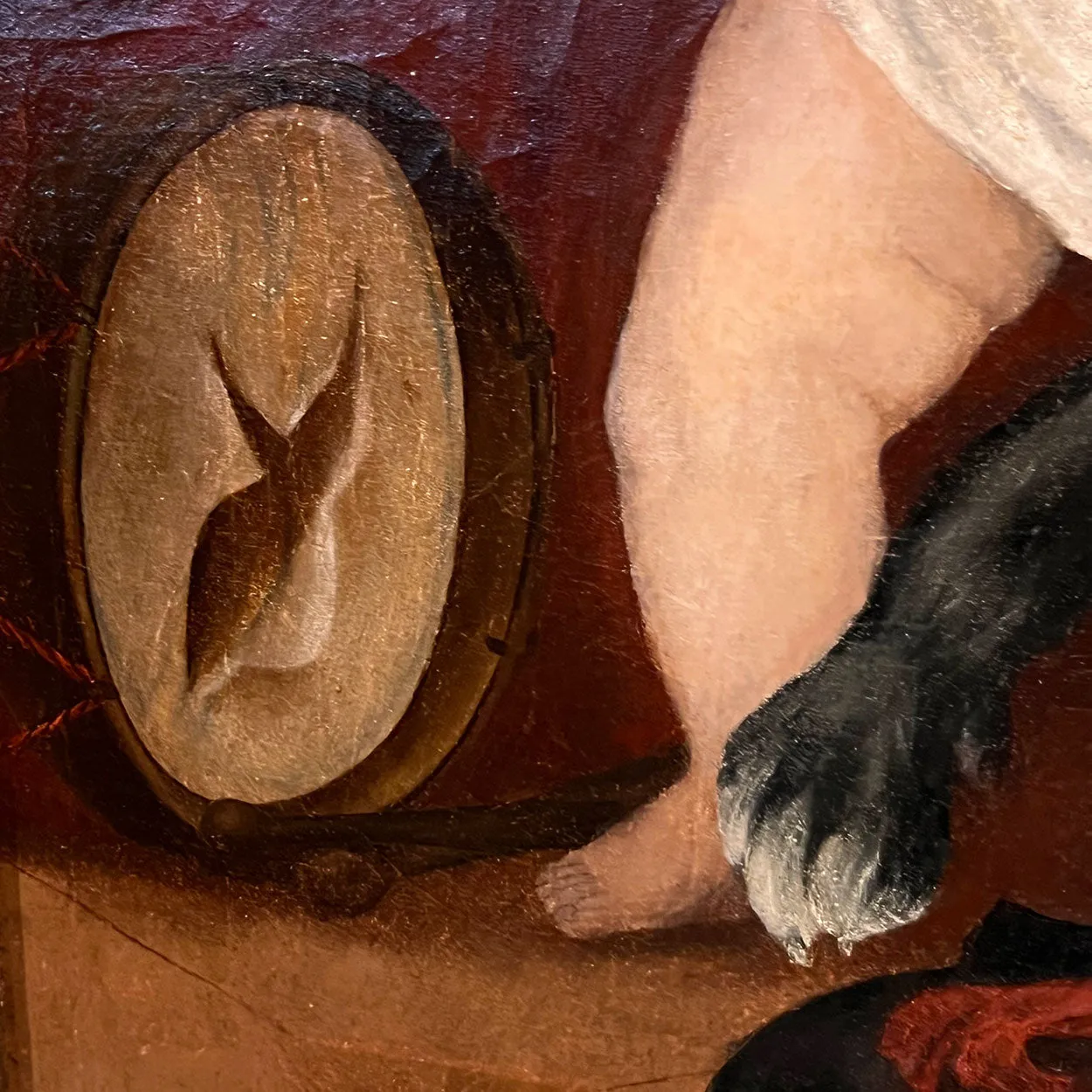 Large English School Oil on Canvas Painting, Interior with a Boy and Dog Playing