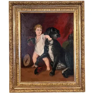 Large English School Oil on Canvas Painting, Interior with a Boy and Dog Playing