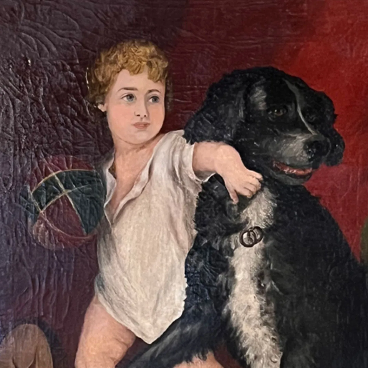 Large English School Oil on Canvas Painting, Interior with a Boy and Dog Playing