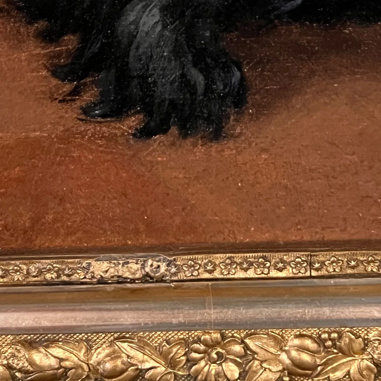 Large English School Oil on Canvas Painting, Interior with a Boy and Dog Playing