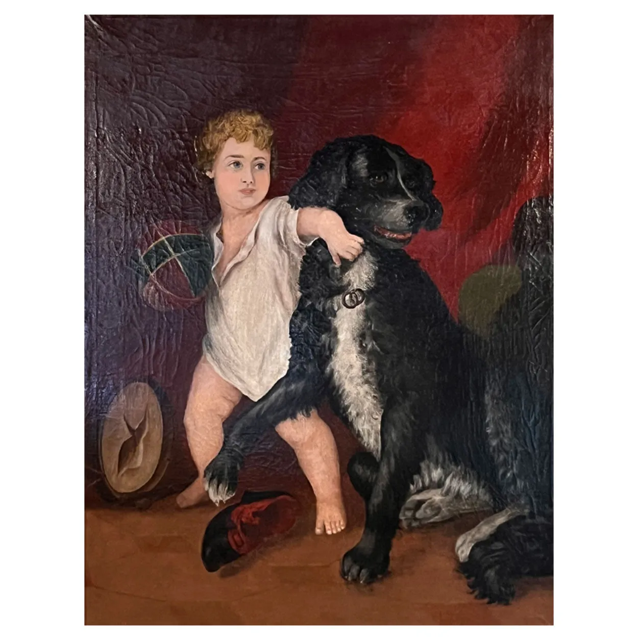 Large English School Oil on Canvas Painting, Interior with a Boy and Dog Playing