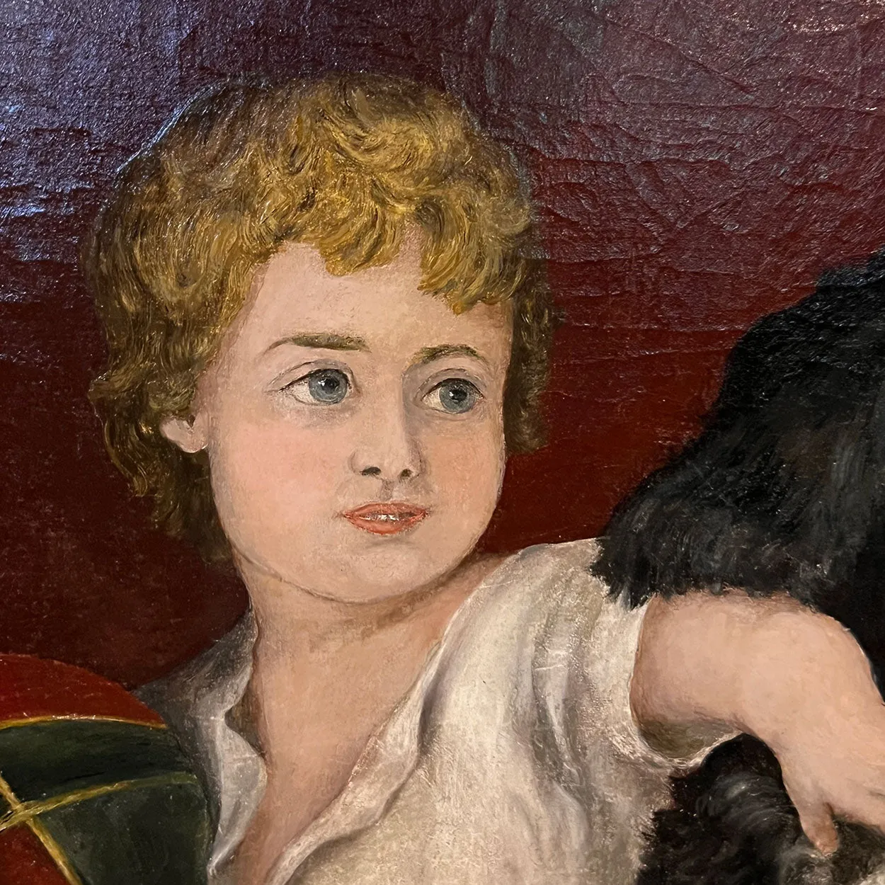 Large English School Oil on Canvas Painting, Interior with a Boy and Dog Playing