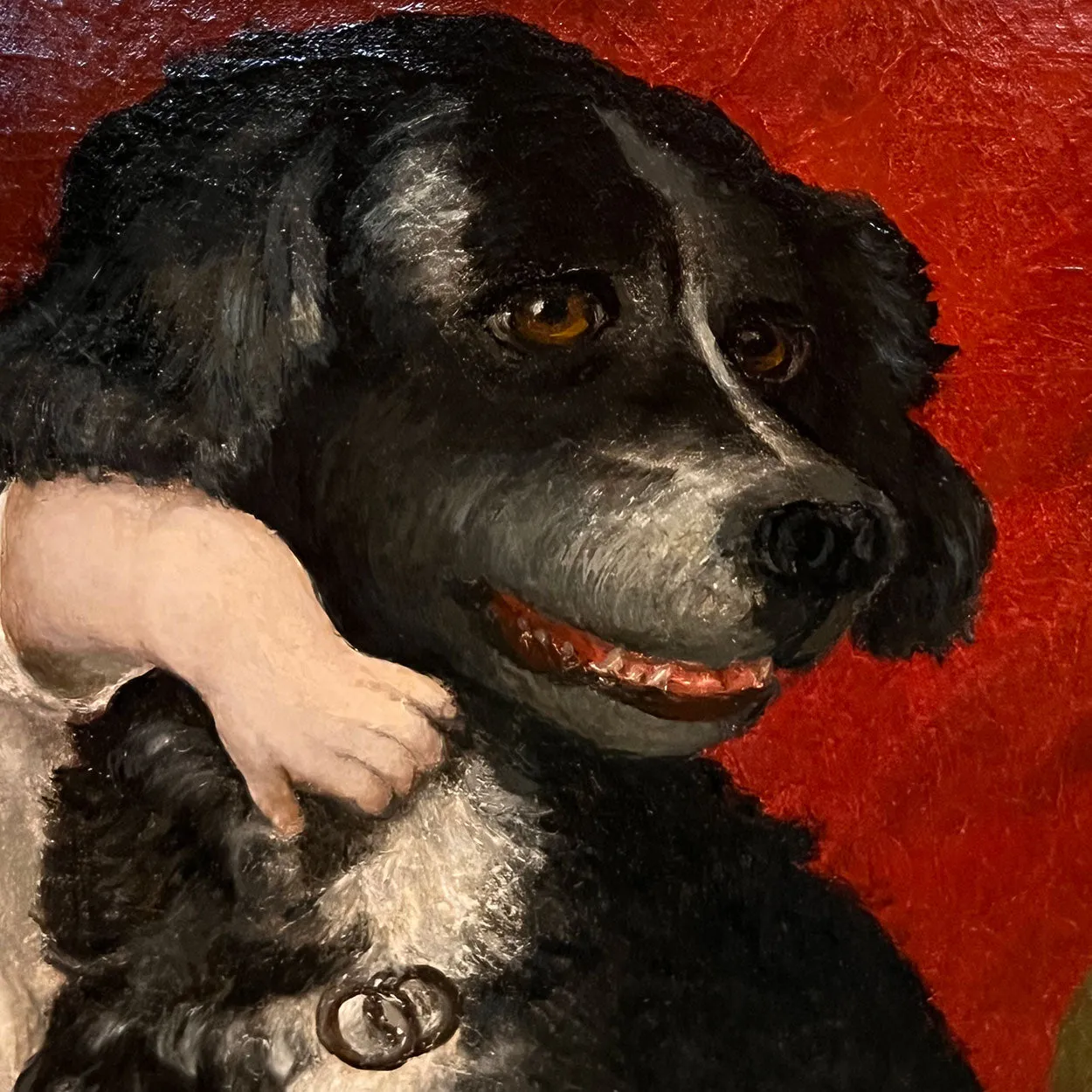 Large English School Oil on Canvas Painting, Interior with a Boy and Dog Playing