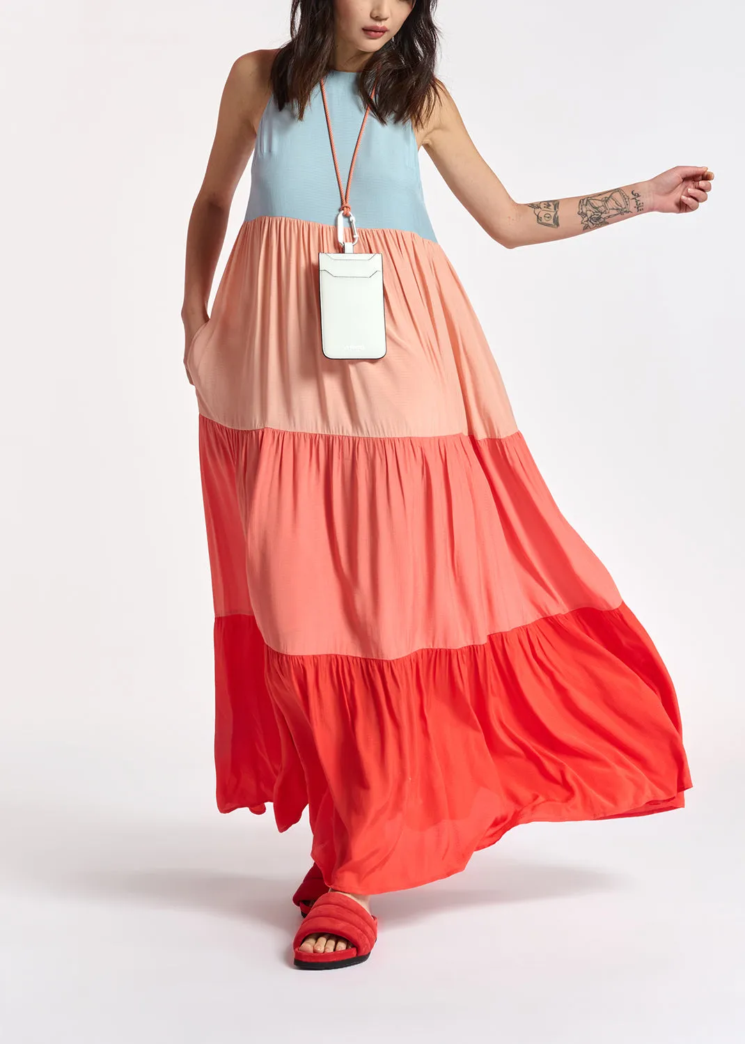Light blue, orange and red color-blocking effect maxi dress