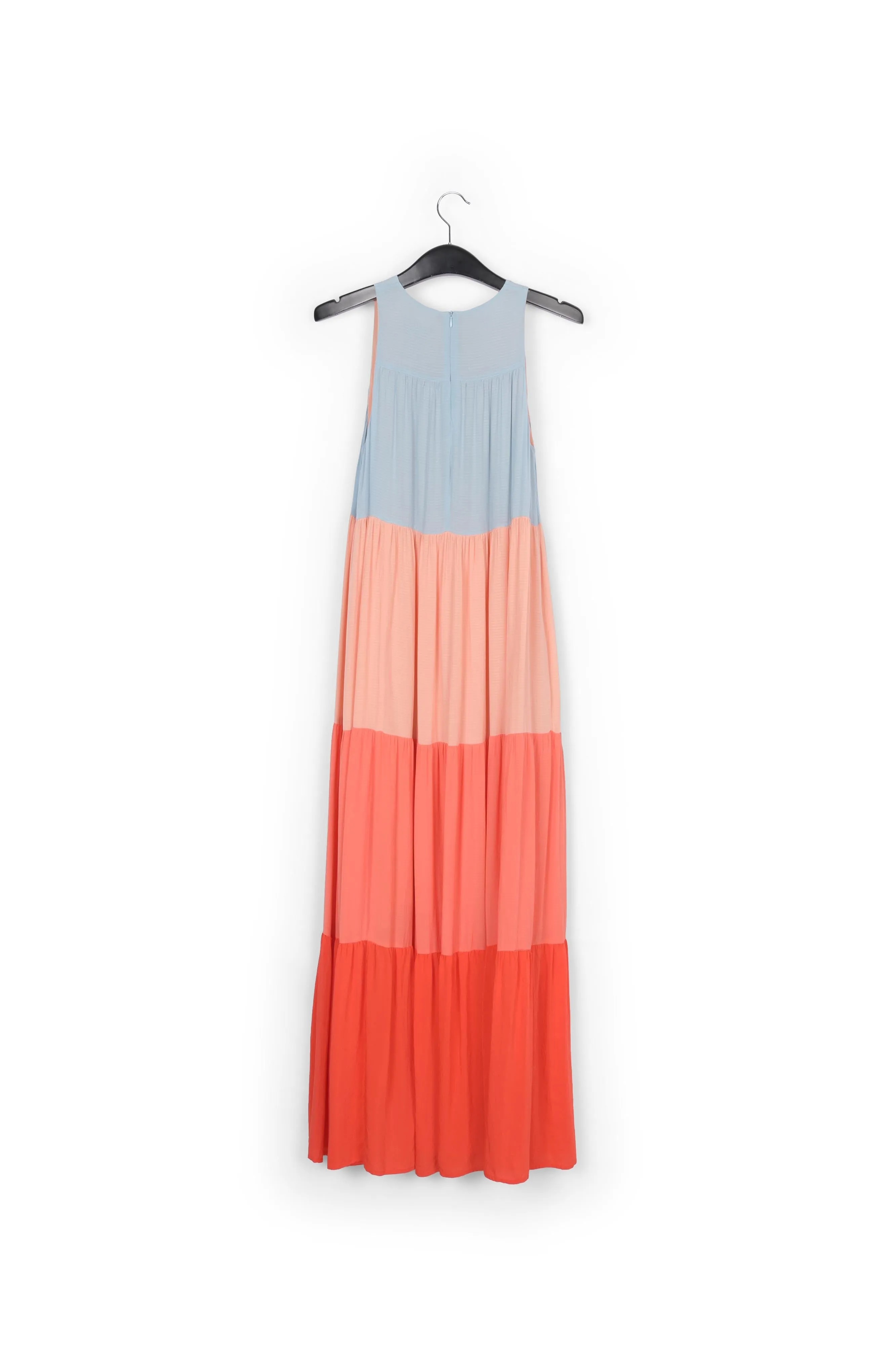 Light blue, orange and red color-blocking effect maxi dress