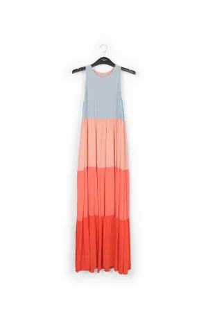 Light blue, orange and red color-blocking effect maxi dress