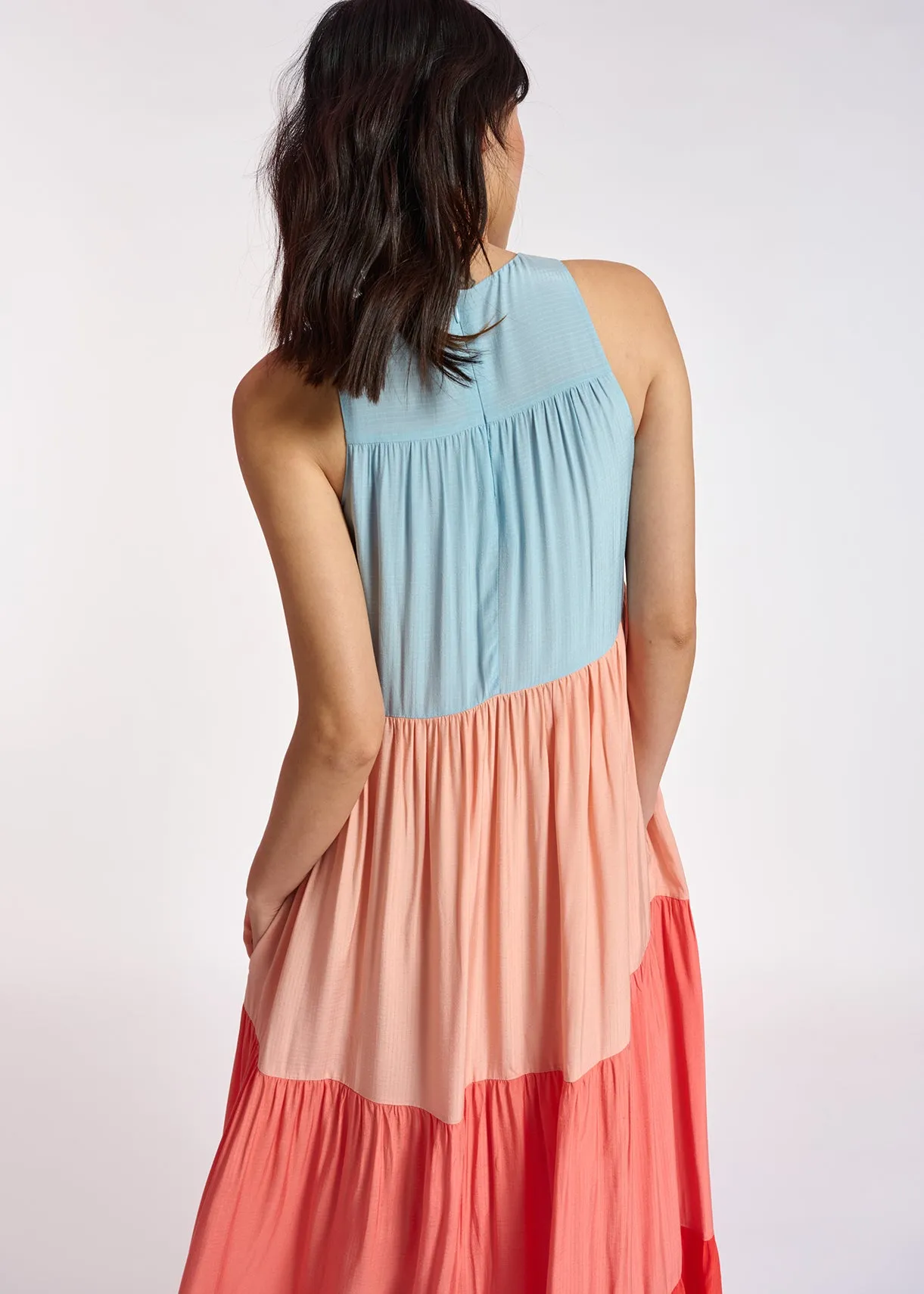 Light blue, orange and red color-blocking effect maxi dress