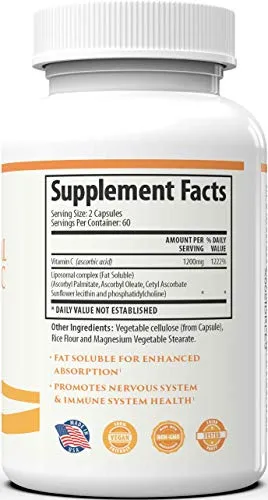 Liposomal Vitamin C Capsules 1200mg – Boost Collagen Support, Powerful Antioxidant, High Dose &amp; High Absorption VIT C Ascorbic Acid Pills – 60 Servings – Easy to Swallow Capsules