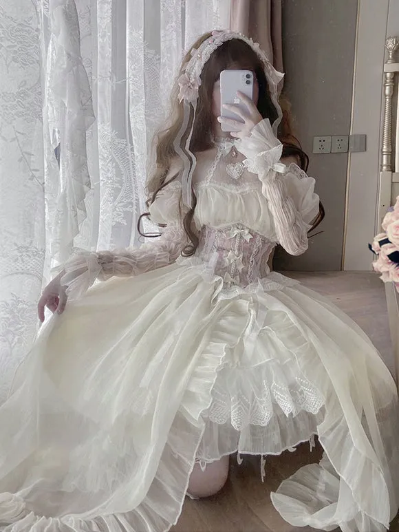 Lolita Dresses Tea Party Style Lolita Skirt Lace Short Sleeves Polyester Sweet Light Sky Blue