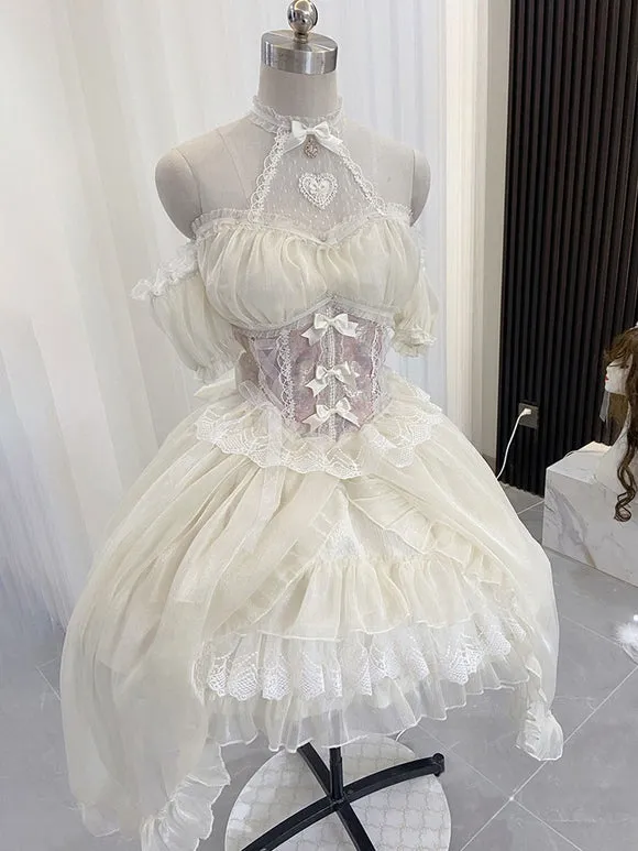 Lolita Dresses Tea Party Style Lolita Skirt Lace Short Sleeves Polyester Sweet Light Sky Blue