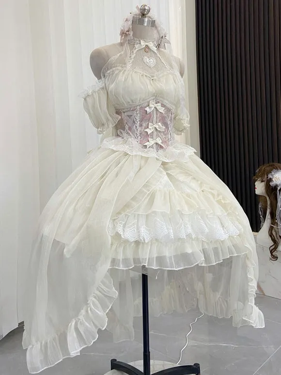 Lolita Dresses Tea Party Style Lolita Skirt Lace Short Sleeves Polyester Sweet Light Sky Blue