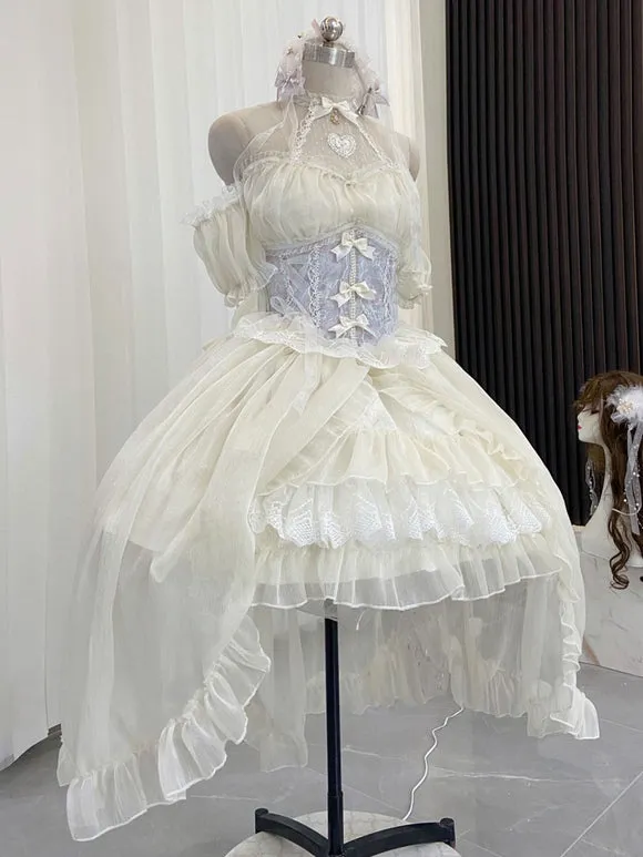 Lolita Dresses Tea Party Style Lolita Skirt Lace Short Sleeves Polyester Sweet Light Sky Blue