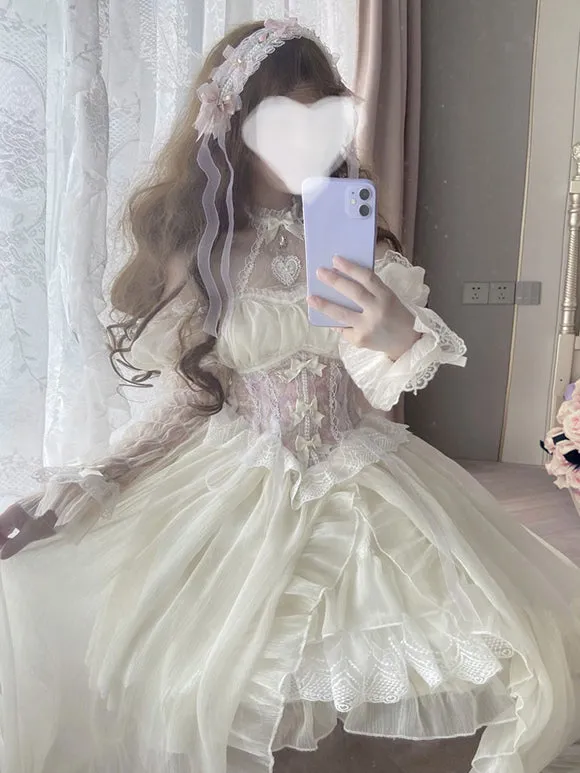 Lolita Dresses Tea Party Style Lolita Skirt Lace Short Sleeves Polyester Sweet Light Sky Blue