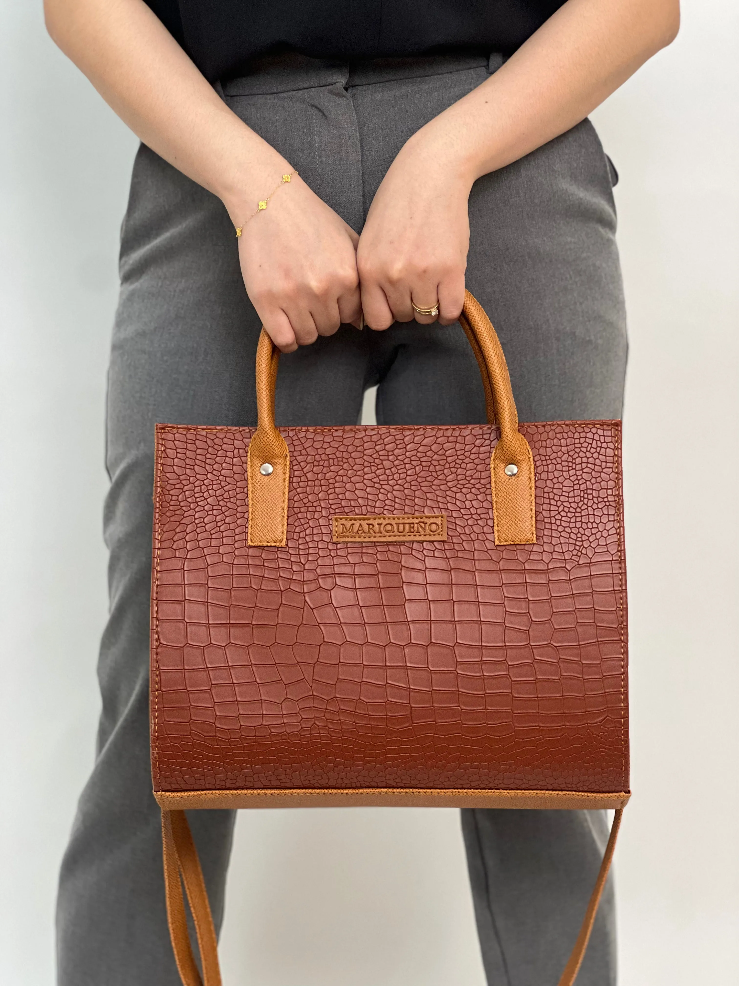 MADELINE Croc Embossed Satchel Bag in Choco Brown