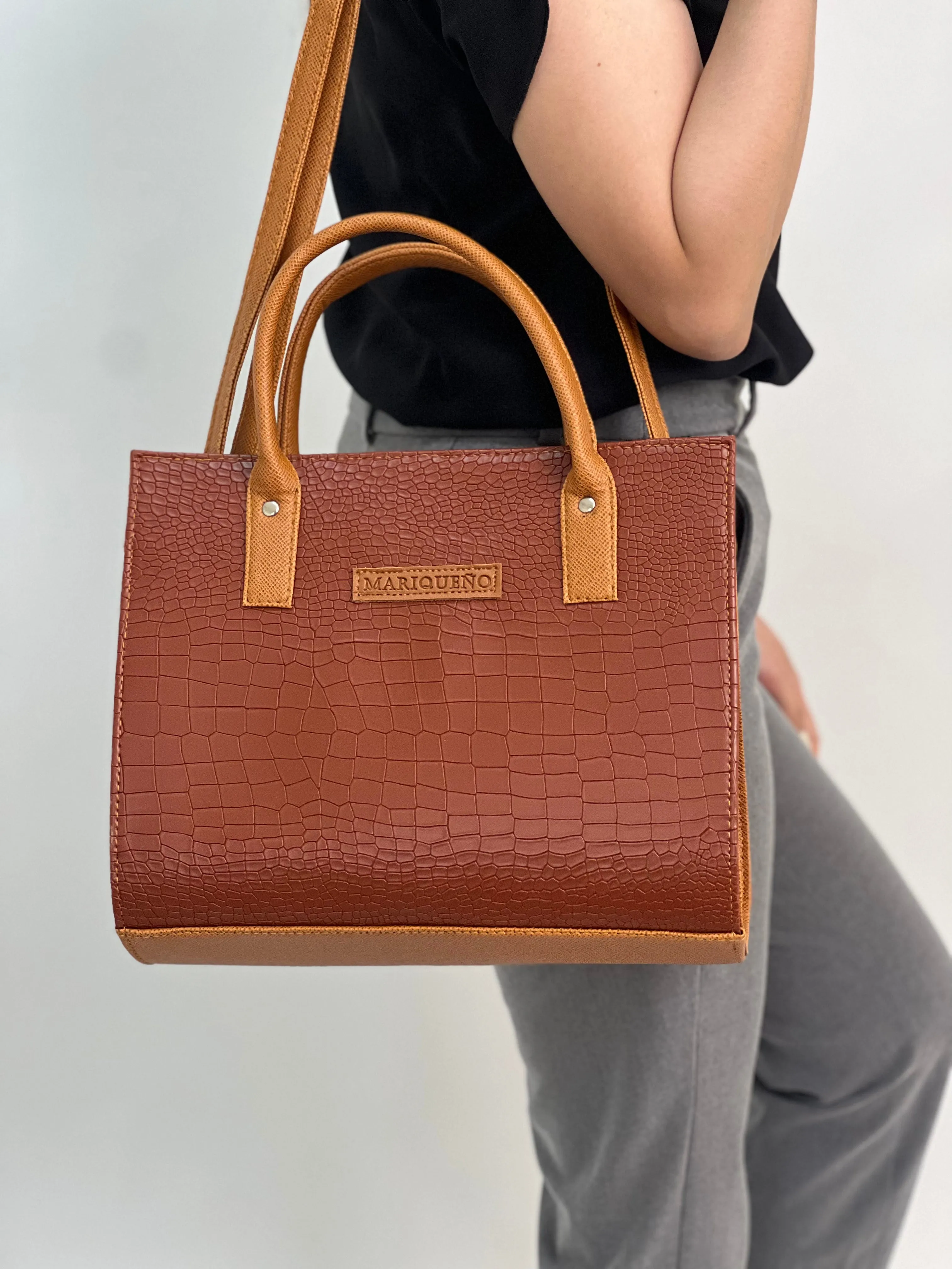 MADELINE Croc Embossed Satchel Bag in Choco Brown