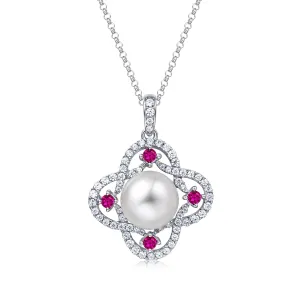 Molah Silver Freshwater Pearl and Cubic Zirconia Swirl Clover Pendant Necklace