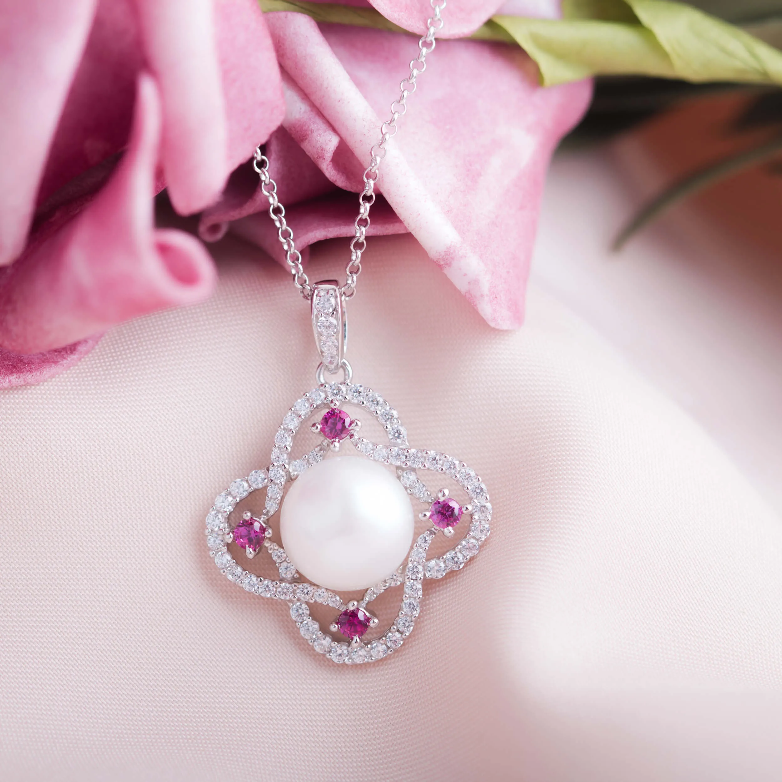 Molah Silver Freshwater Pearl and Cubic Zirconia Swirl Clover Pendant Necklace